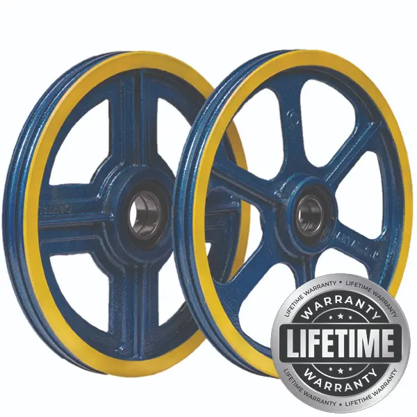 فلکه هرزگرد چدنی هیدرولیک قطر 400 ، 2 شیار، گام 17 ،  با شفت 50 ، دو بلبرینگ(ژاپن) همراه ملزومات (دو عدد فلکه)  