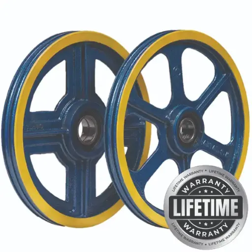 فلکه هرزگرد چدنی هیدرولیک قطر 400 ، 2 شیار، گام 17 ،  با شفت 50 ، دو بلبرینگ(چین) همراه ملزومات (دو عدد فلکه)  