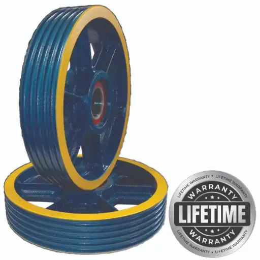 فلکه هرزگرد چدنی اقتصادی قطر 320 ، 5 شیار ، گام 14 تا 17 با شفت 50 ، دو بلبرینگ(ژاپن) همراه ملزومات (مناسب کابین با دو فلکه) 