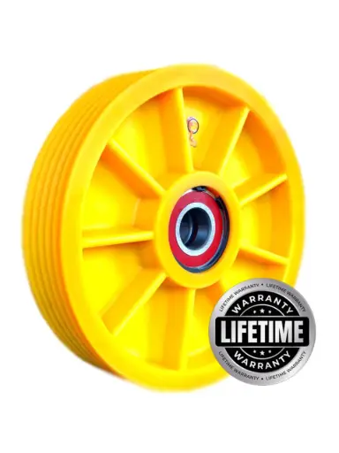 فلکه هرزگرد Mc Nylon (پلی آمید ) قطر 400 با سیم 8 ، 5 شیار ، تا گام 17 با شفت 50 ، 2 بلبرینگ(ژاپن) همراه ملزومات  